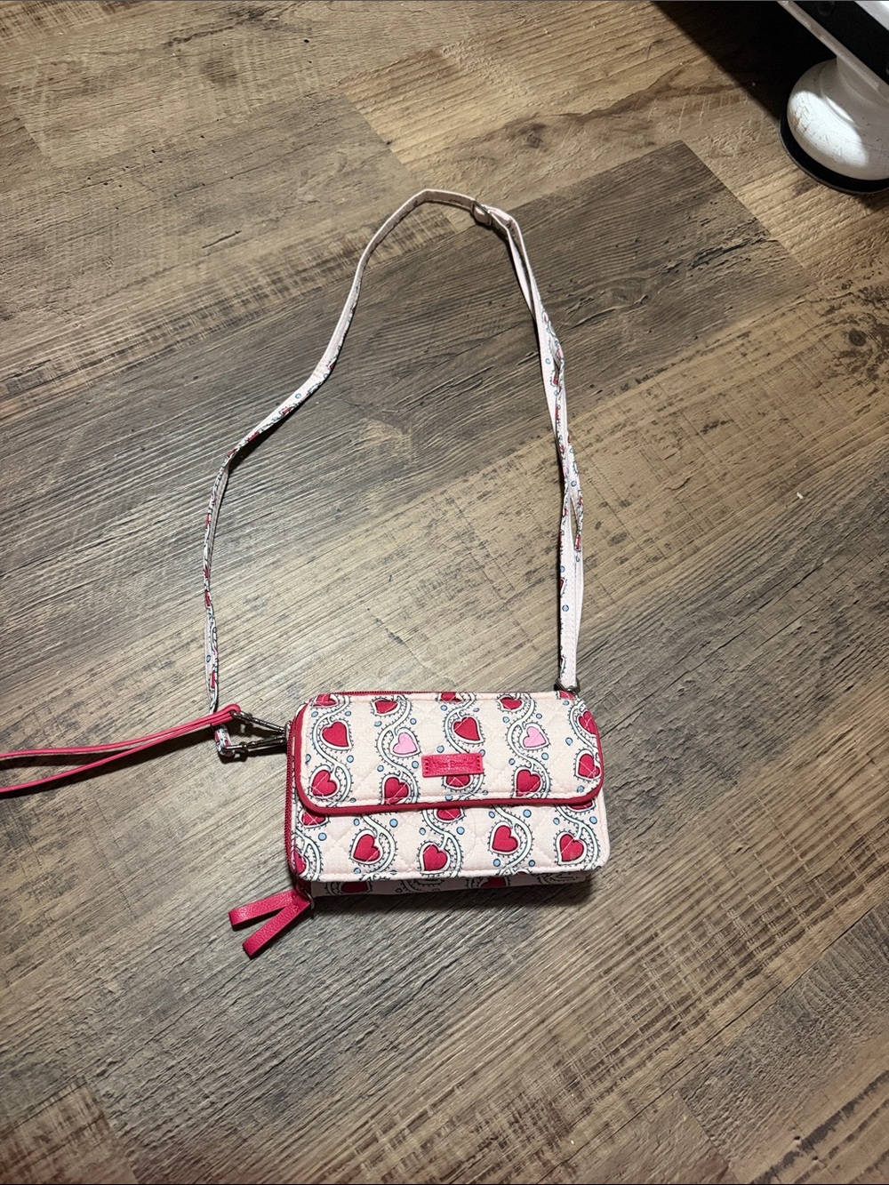 Stitched Heart Vines Print Crossbody Bag in Pink and Cream